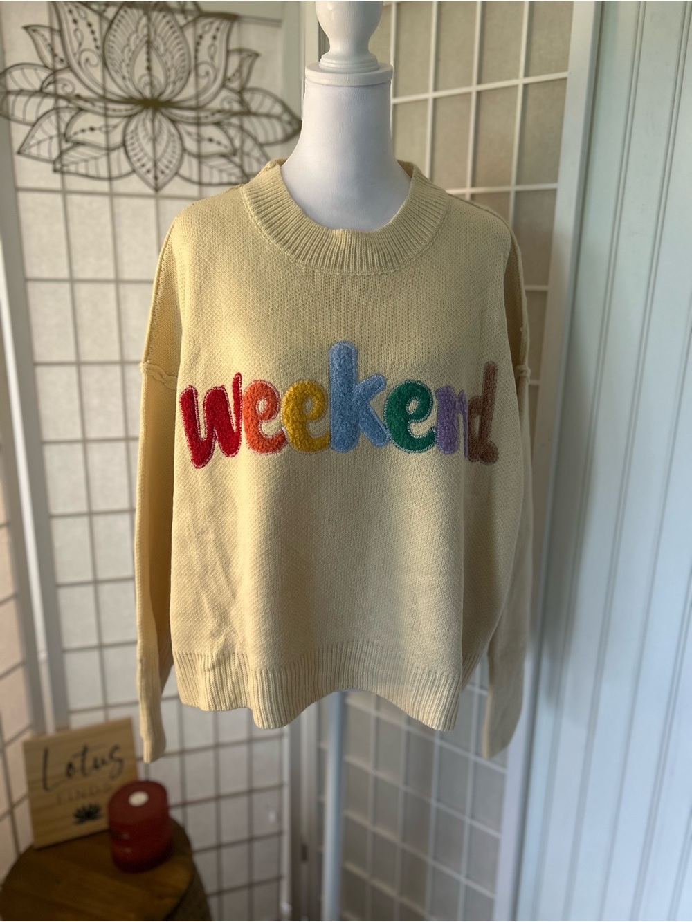 Heyday Weekend Chenille Varsity Oversized Cream Sweater Large NWT
